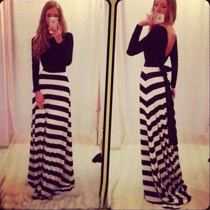 Long Sleeves Backless Stripe Long Loose Dress - Meet Yours Fashion - 1
