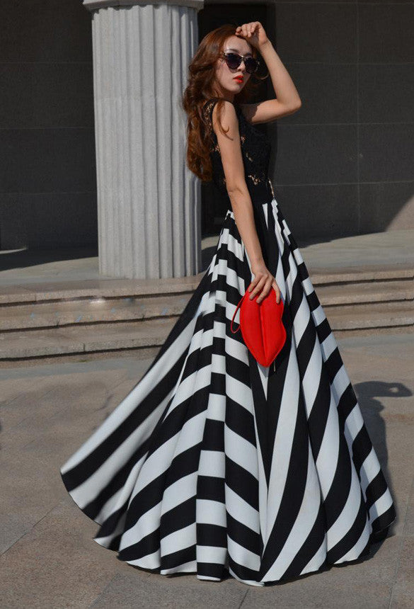 Lady Floral Lace  Stripe Long Dress - MeetYoursFashion - 4