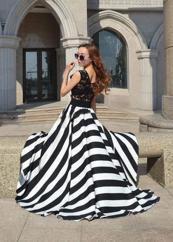 Lady Floral Lace  Stripe Long Dress - MeetYoursFashion - 5