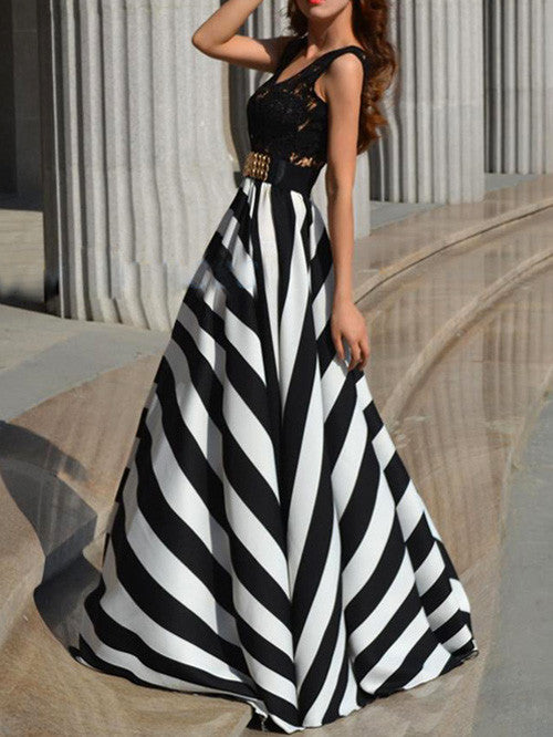 Lady Floral Lace  Stripe Long Dress - MeetYoursFashion - 3