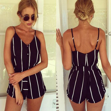 Stylish Lady Women Fashion Striped Summer V-neck Overall Jumpsuit - MeetYoursFashion - 1