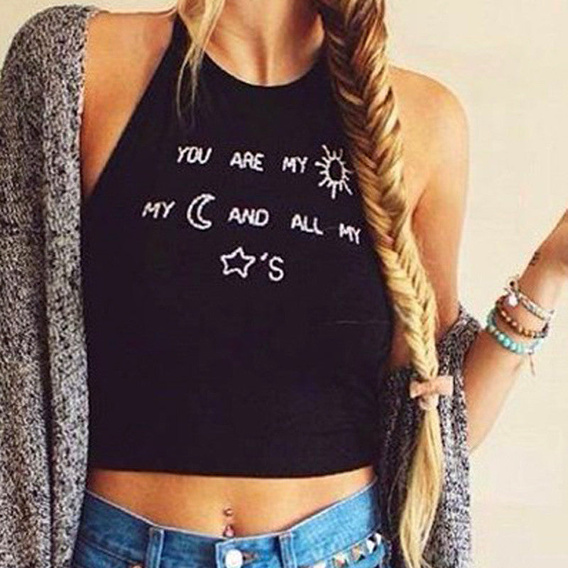 Sleeveless O-neck Letter Print Backless Straps Crop Top - MeetYoursFashion - 1