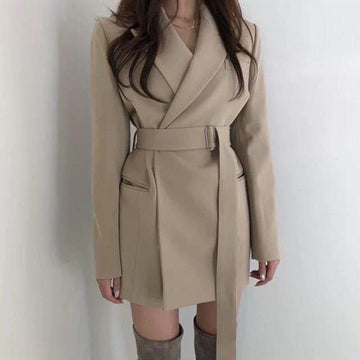 Autumn Winter Women's Blazers Sashes Jackets Notched Outerwear England Style Solid Cardigan Tops