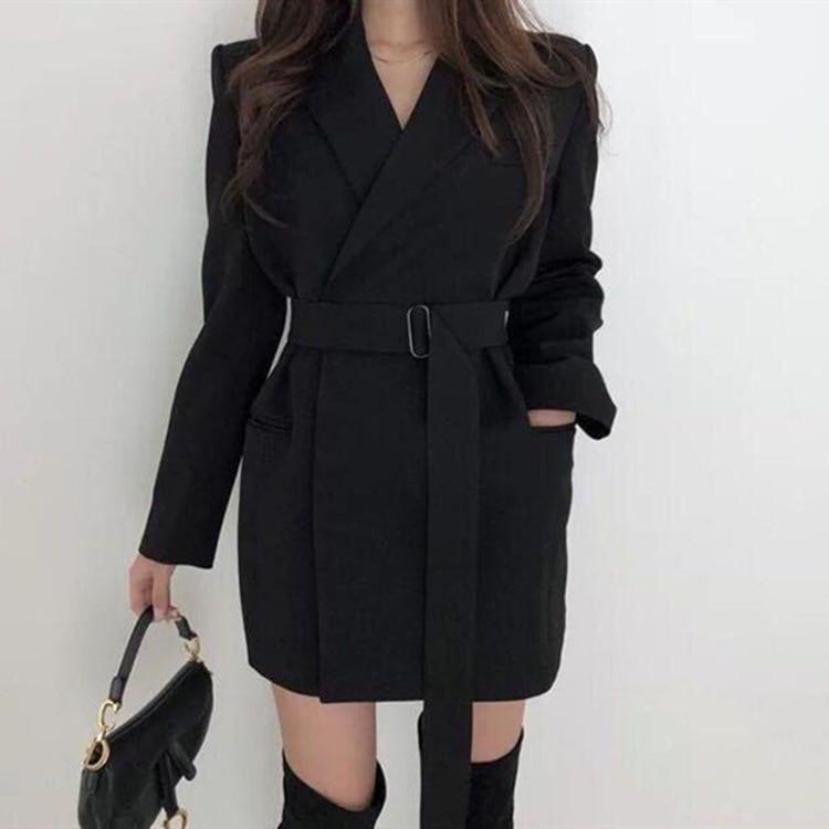 Autumn Winter Women's Blazers Sashes Jackets Notched Outerwear England Style Solid Cardigan Tops