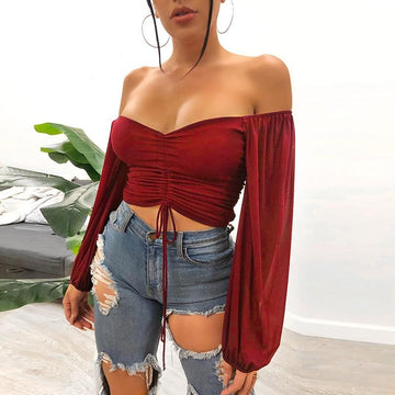 Drawstring Ruched Sexy Blouse Women Puff Sleeve Off Shoulder Sheer Female Tops and Blouses Shirts Short Streetwear