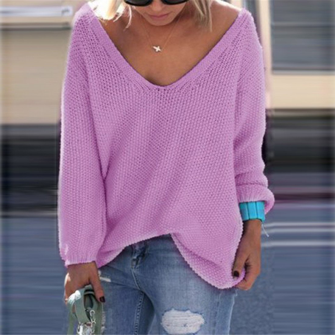 Clearance V-neck Loose Knit Pure Color Pullover Sweater