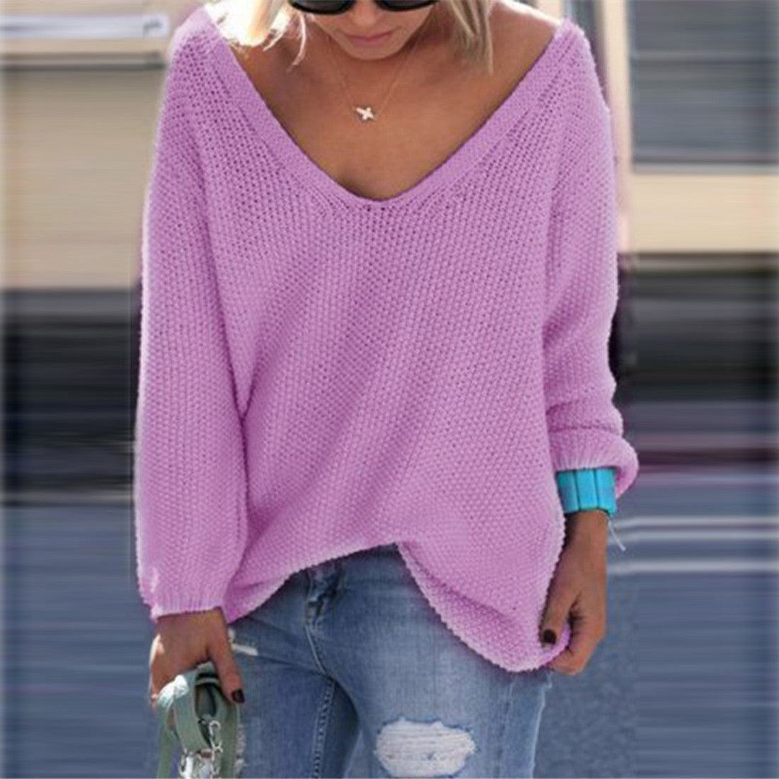 V-neck Loose Knit Pure Color Pullover Sweater - Oh Yours Fashion - 1