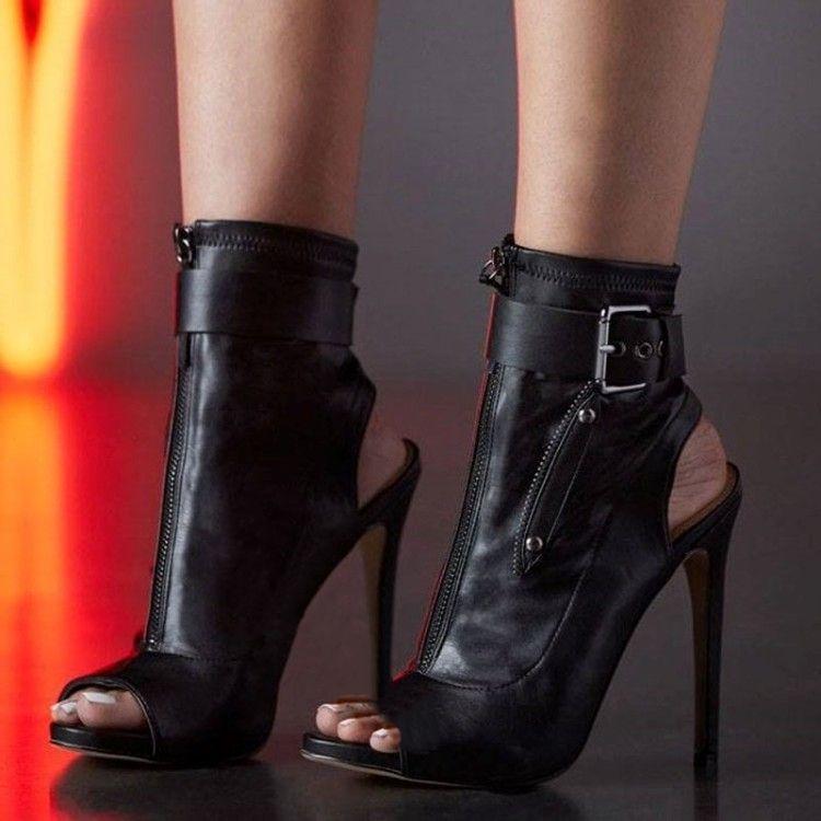 Sexy Peep Toe Leather Cutout High Heel Ankle Boots