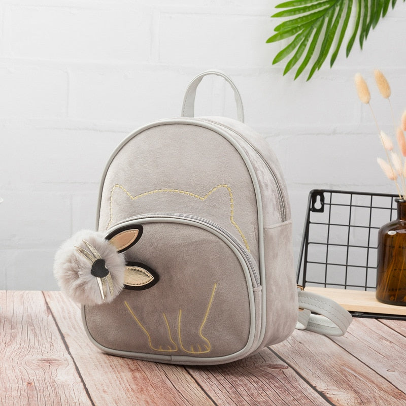 Fashion Animal Cat Design Daily Outdoor Small Suede Fabric Ladies Bag Cute Lovely Teen Girl Backpack