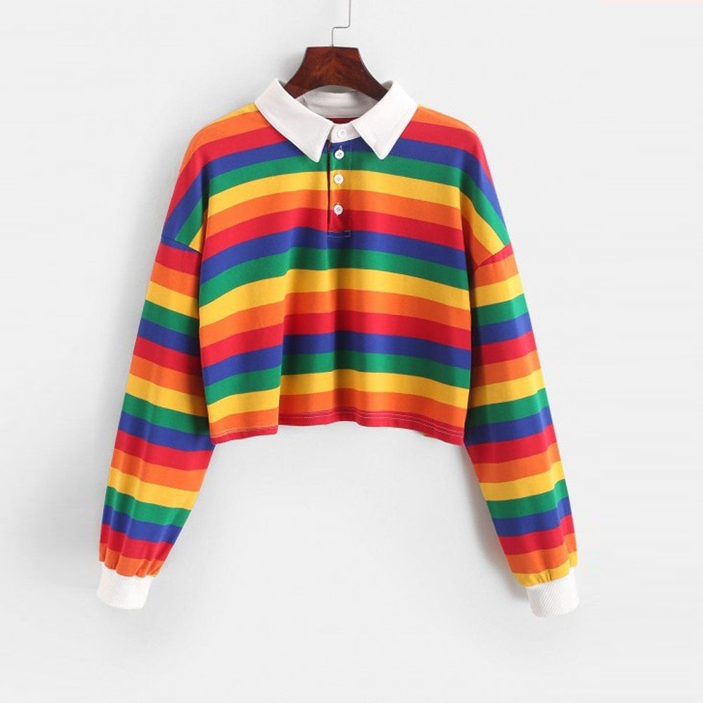 Hoodies Women Rainbow Patchwork Women'S Sweatshirt Summer Button Turndown Harajuku Streetwear Fashion Crop Top Hoodie