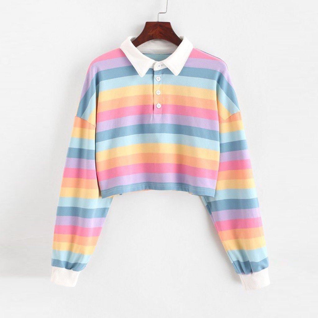 Hoodies Women Rainbow Patchwork Women'S Sweatshirt Summer Button Turndown Harajuku Streetwear Fashion Crop Top Hoodie