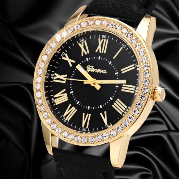 Fashion Women Analog Synthetic Leather Watchband Rhinestone Decoration Quartz Casual Watch Wristwatch - Meet Yours Fashion - 1