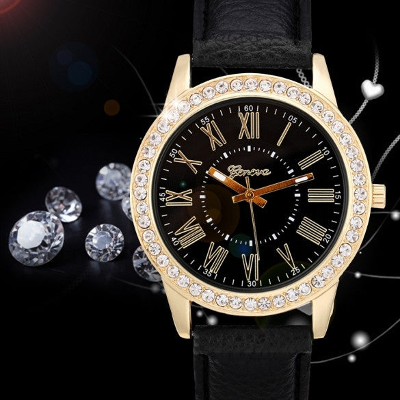 Fashion Women Analog Synthetic Leather Watchband Rhinestone Decoration Quartz Casual Watch Wristwatch - Meet Yours Fashion - 2