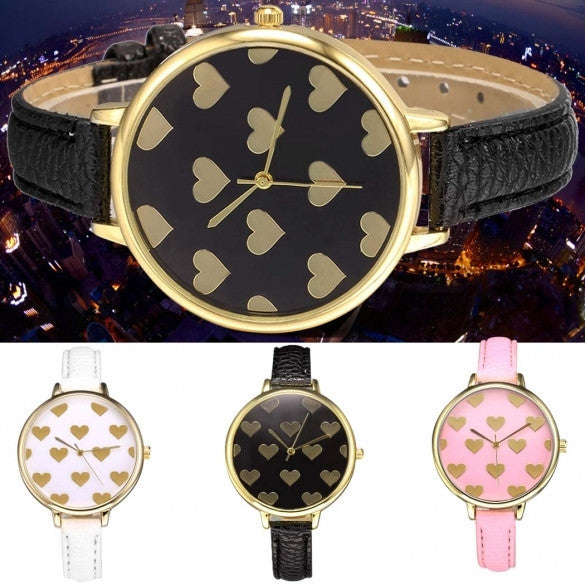 Women Fashion Synthetic Leather Large Dial Slim Watchband Heart Pattern Quartz Analog Wrist Watch - Meet Yours Fashion - 3