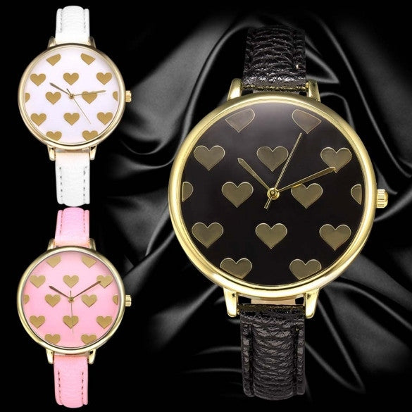 Women Fashion Synthetic Leather Large Dial Slim Watchband Heart Pattern Quartz Analog Wrist Watch - Meet Yours Fashion - 5