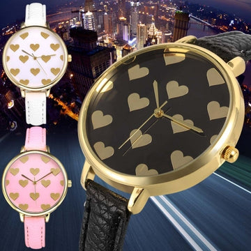 Women Fashion Synthetic Leather Large Dial Slim Watchband Heart Pattern Quartz Analog Wrist Watch - Meet Yours Fashion - 1