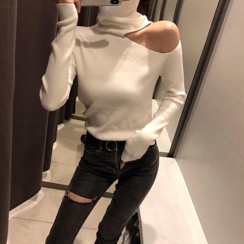 Knitted Sweater Off Shoulder Pullovers Sweater for Women Long Sleeve Turtleneck Female Jumper Black White Sexy Clothing