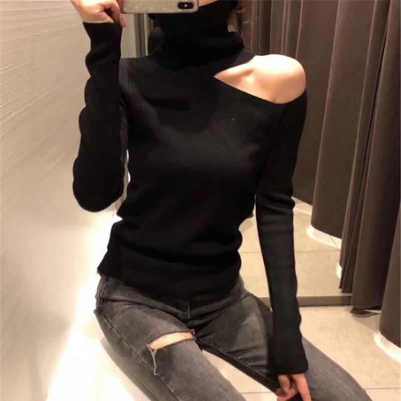 Knitted Sweater Off Shoulder Pullovers Sweater for Women Long Sleeve Turtleneck Female Jumper Black White Sexy Clothing