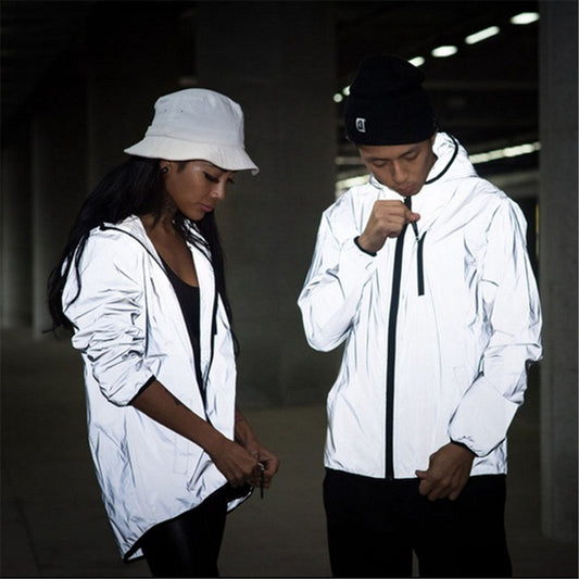 Long Sleeved Reflective Jacket Men Harajuku Windbreaker Jackets Hooded Hip-Hop Streetwear Night Shiny Zipper Coats