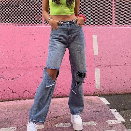 Fashion Loose Washed Straight Ripped High Waist Pants