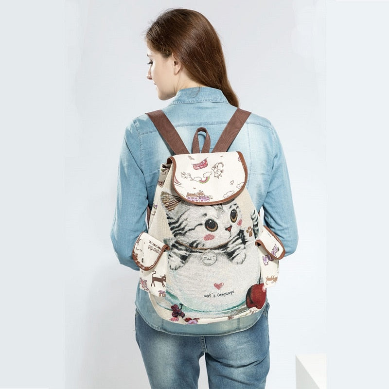 Cute Cat Backpack Women Canvas Backpack Drawstring Printing Backpacks For Teenage Girls Large Capacity School Bag