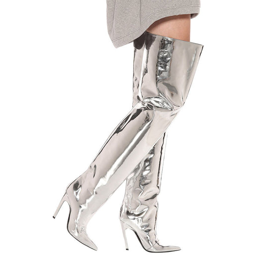 Sultry Silver Mirror Over-the-Knee Boots