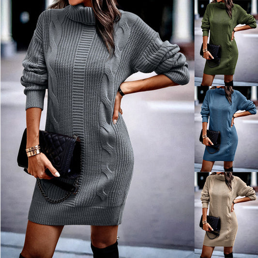 Autumn and Winter High Neck Long Sleeve Bodycon Sweater Dress