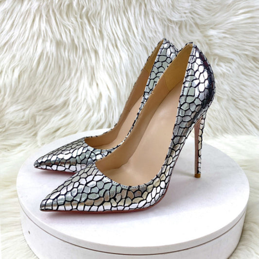 Elegant Silver Stone Texture Pointed Toe Stiletto Heels Shoes