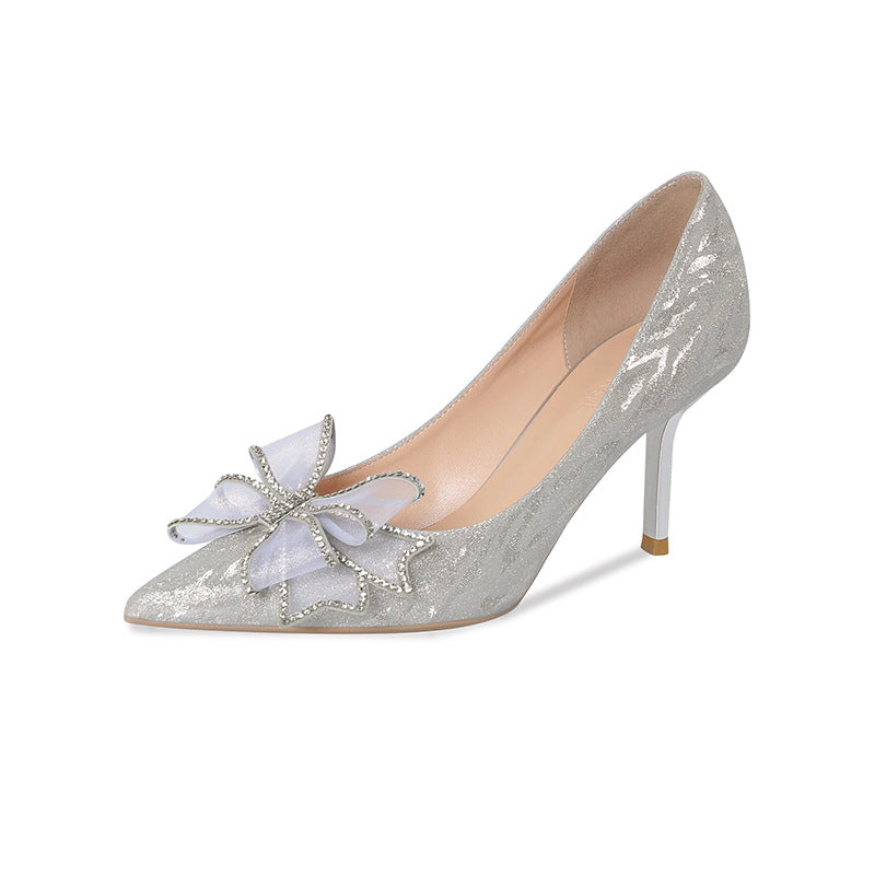 Silver Bow High Heel French Wedding Shoes