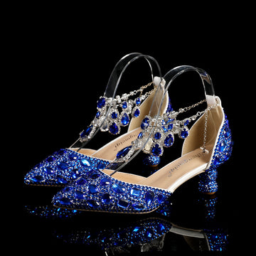 Chunky Rhinestone Heels Blue Pointed-toe Crystal Wedding Shoes