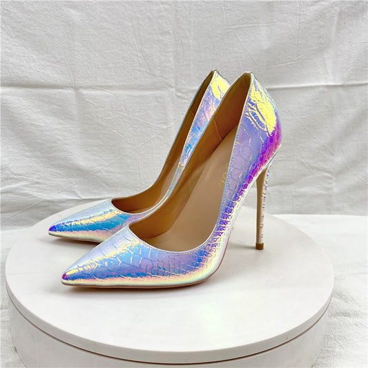 Laser-Cut White Snake Pattern Pointed-toe Stiletto Heel Shoes