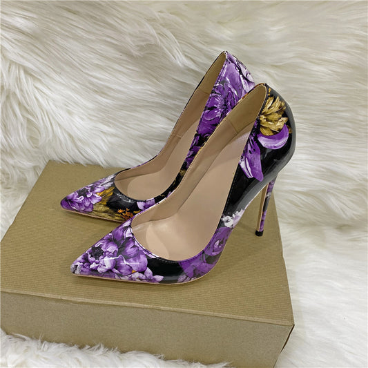 Elegant Purple Floral Slim Heels and Shallow Toes High Heel Shoes