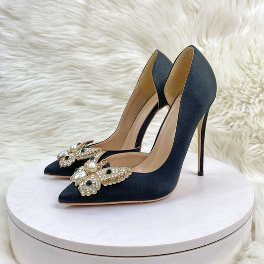 Elegant Satin Pointed Toe and Side Cutouts adorned Rhinestones Stiletto Heels Shoes