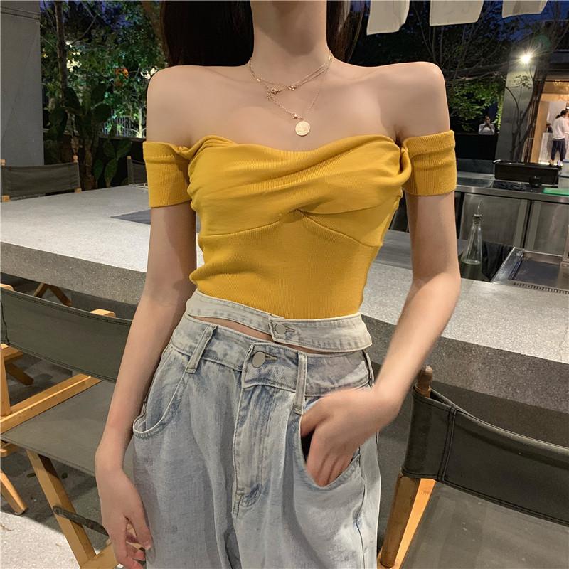 Off shoulder Sweater Women Sexy Solid Pleated Crop Tops Small Size Highstreet Tops Sweaters For Women