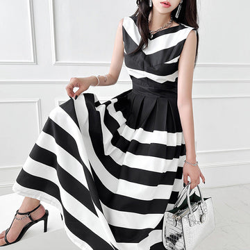 Sexy Stripe Stitching High Waist Fashion Long Dress
