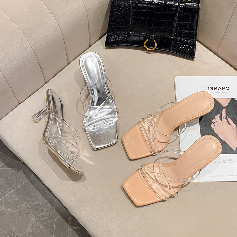 Minimalist Transparent Cross-Strap Slides with Crystal Heels - Versatile Summer Sandals