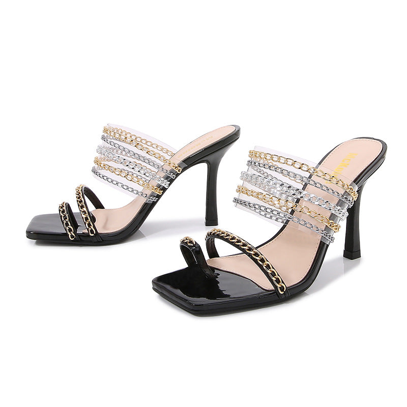 New Fashionable Chain Strap Pointed Toe Stiletto Sandals