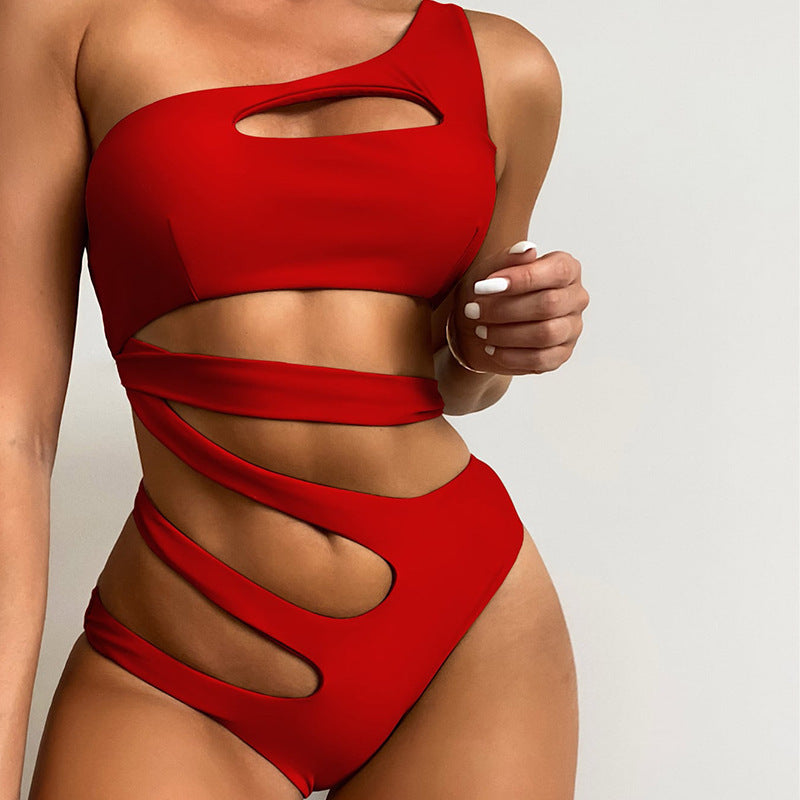 New Solid Color One-Shoulder Hollow-Out Swimsuit