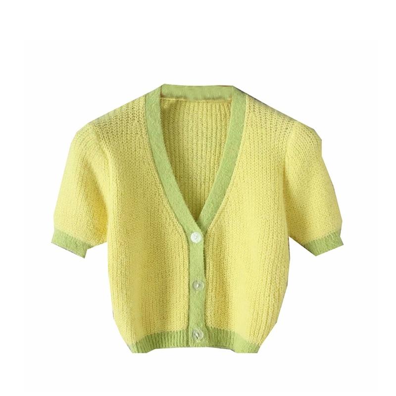 Cardigan Womens Sweaters Korean Crop Sweater Yellow Autumn Tops Short Sleeve V Neck Short Cardigan Mohair Sweater