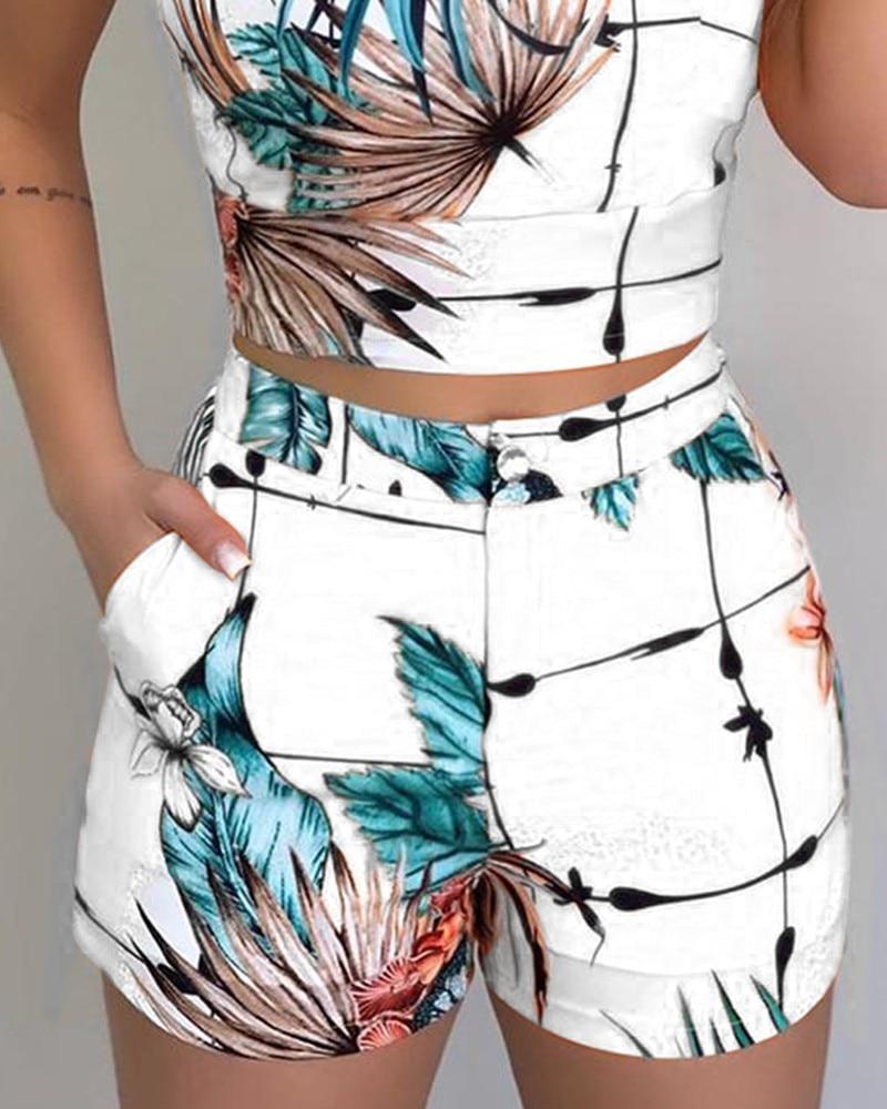 Print Spaghetti Strap Crop Top & Short Sets Casual Summer 2 Piece Outfits for Women