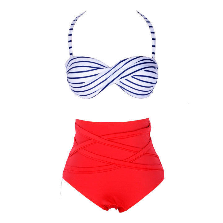 2016 Stripes High Waist Padded Bandeau Bikini set Swimwear - MeetYoursFashion - 1
