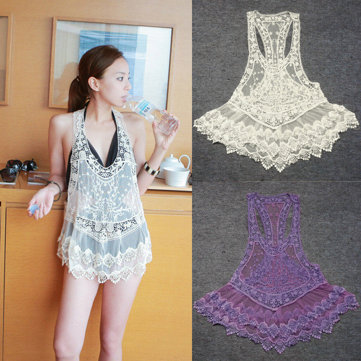 Lace Crochet Hollow Swimwear Bikini Beach Cover Up Dress - MeetYoursFashion - 1