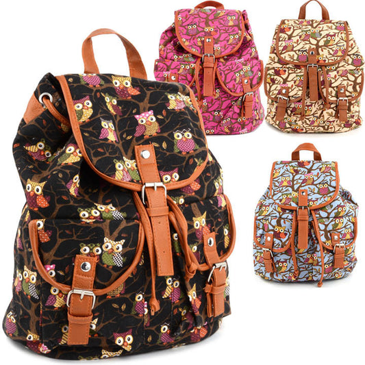 Women Cute Cartoon Owls Pattern Canvas Backpack Shoulder Bag Students Schoolbag Book Bag - Meet Yours Fashion - 1
