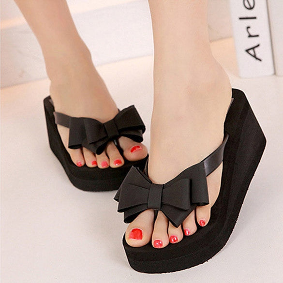 Ladies Summer Platform Flip Flops Thong Wedge Beach Sandals Knotbow Shoes - MeetYoursFashion - 1