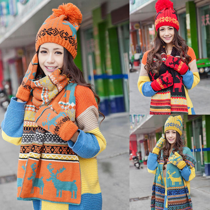 Stylish New Women's Ladies Sweet Deer Pattern Winter Warm Thickening Knitted Long Scarf Shawl + Ski Hat Set