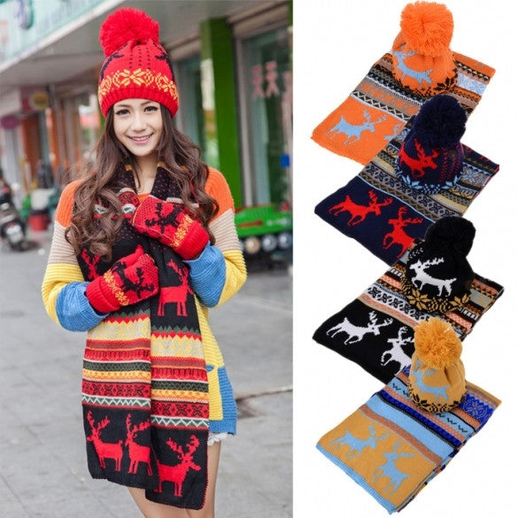 Stylish New Women's Ladies Sweet Deer Pattern Winter Warm Thickening Knitted Long Scarf Shawl + Ski Hat Set