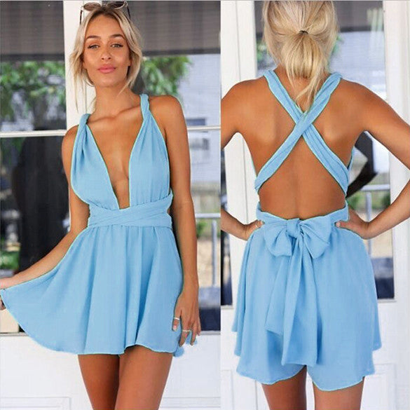 Casual Back Cross Strap V Neck Backless Chiffon Jumpsuit - Oh Yours Fashion - 1