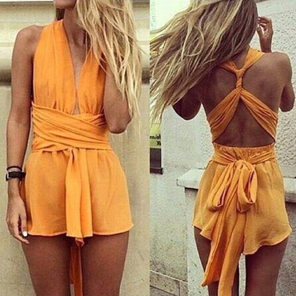 Casual Back Cross Strap V Neck Backless Chiffon Jumpsuit - Oh Yours Fashion - 4