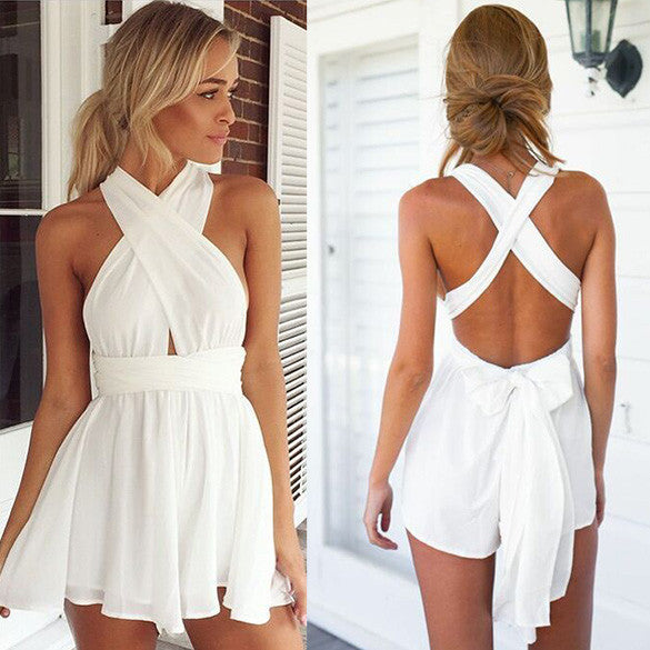 Casual Back Cross Strap V Neck Backless Chiffon Jumpsuit - Oh Yours Fashion - 3