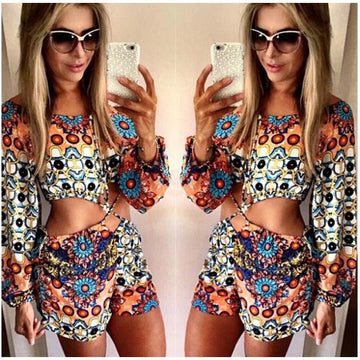 Long Sleeve O-neck Retro Floral Hollow Out Short Jumpsuit - MeetYoursFashion - 1